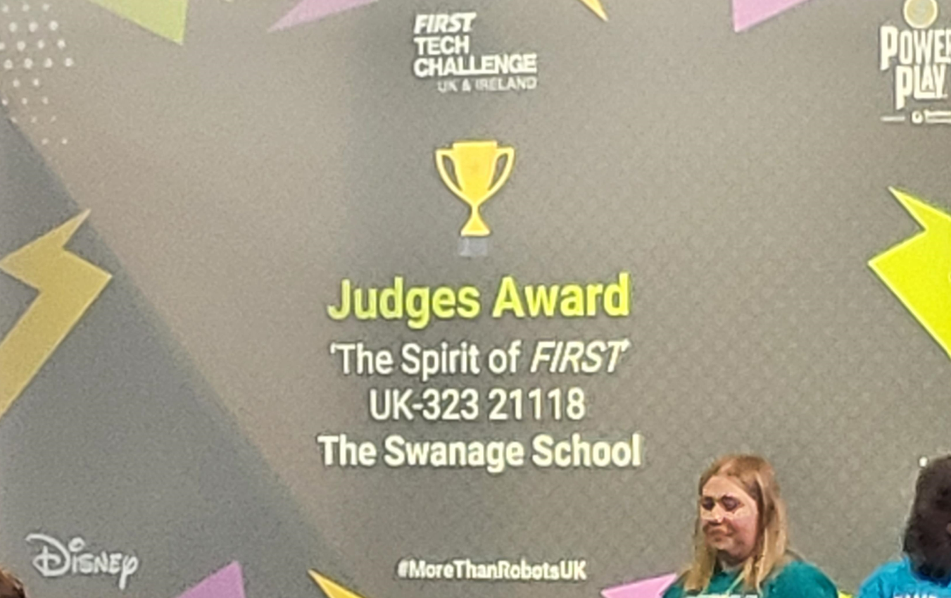 Screen displaying The Swanage School as winner of the judge's award