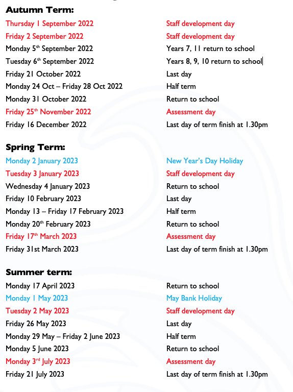 Term Dates The Swanage School